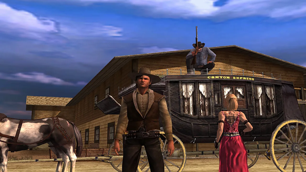 Colton White standing in a frontier town in GUN