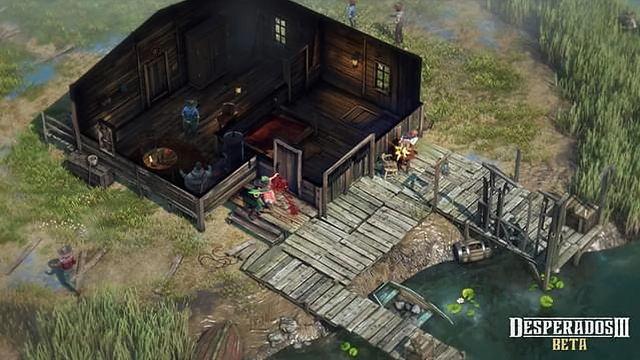 The outlaw team approaching a building in Desperados III