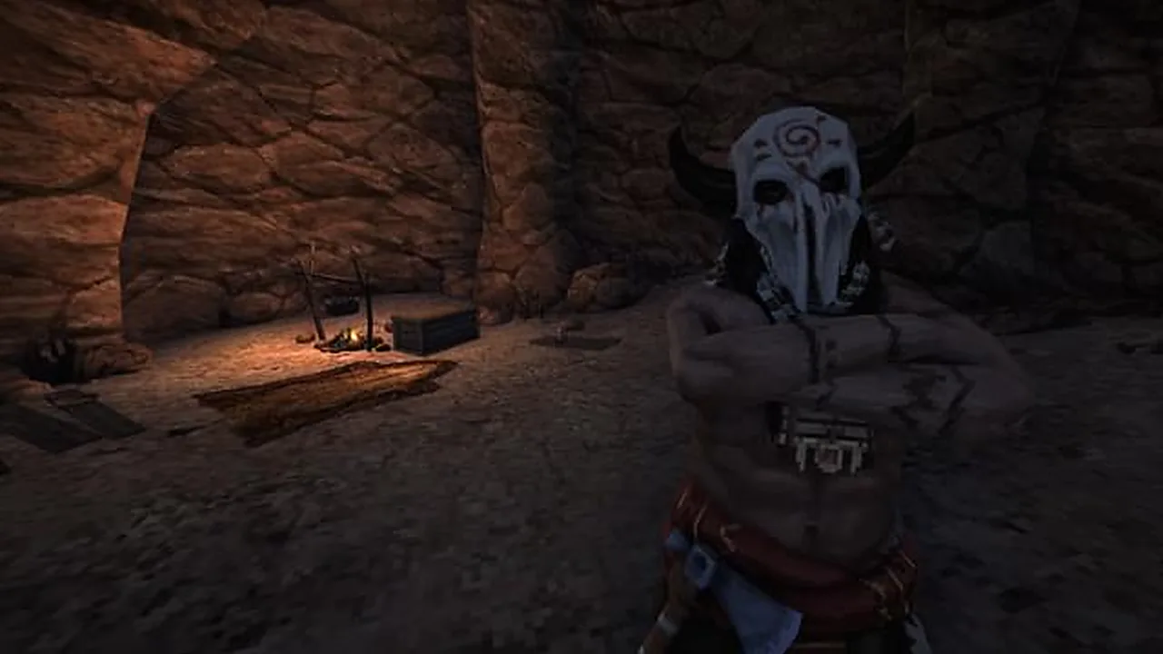 The undead gunslinger meeting a masked frontier character in Blood West