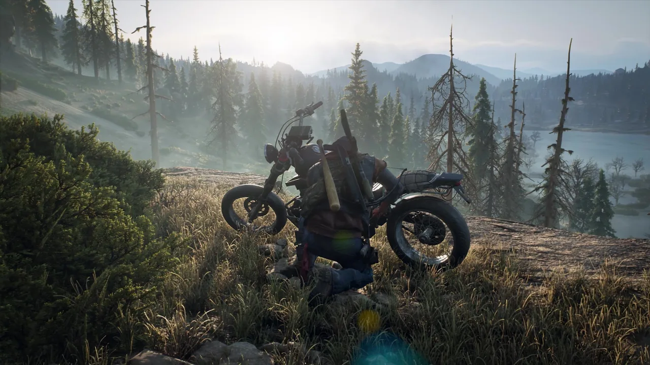 Deacon St. John riding his motorcycle through the wilderness in Days Gone