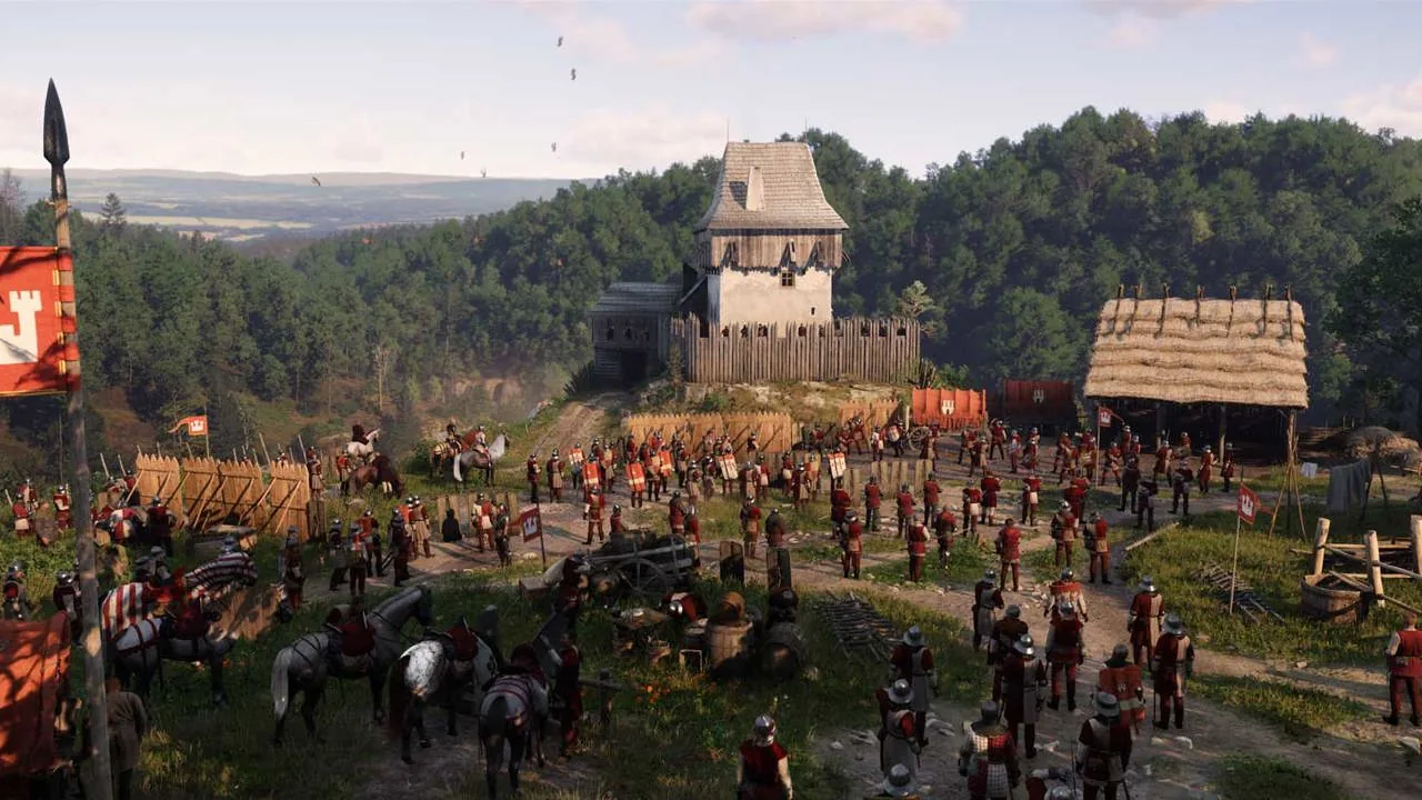 Soldiers and horses gathering at a medieval camp in Kingdom Come Deliverance II