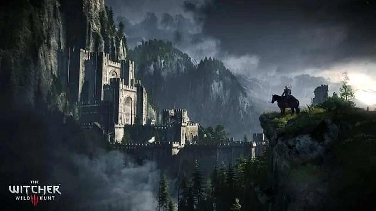 Geralt on horseback overlooking a mountain castle in The Witcher 3 Wild Hunt