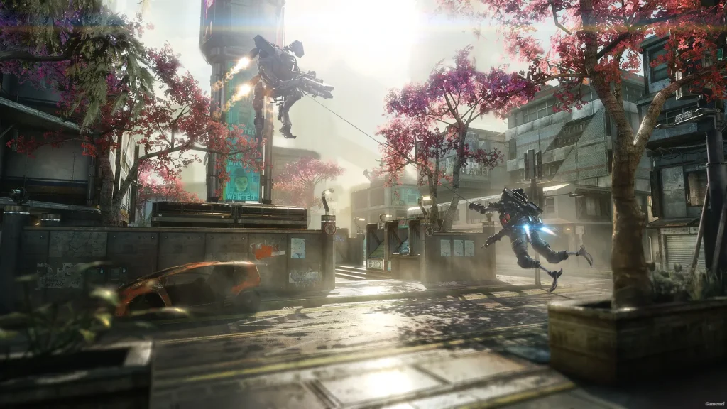 A Titan and armed pilots in a futuristic street in Titanfall 2