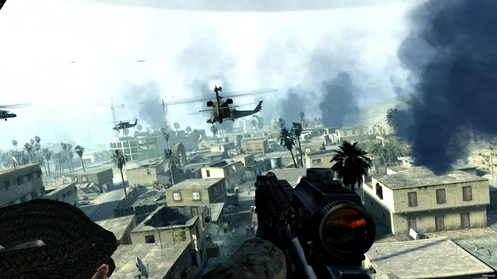 First-person view over a city with a helicopter overhead in Call of Duty 4: Modern Warfare