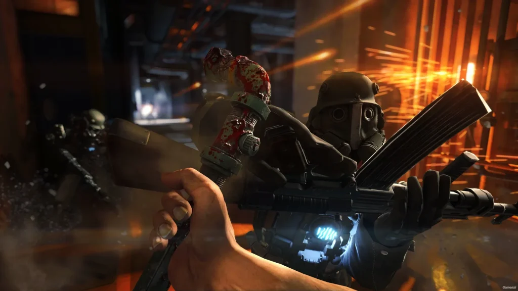 Close-range combat against an armored soldier in Wolfenstein: The Old Blood
