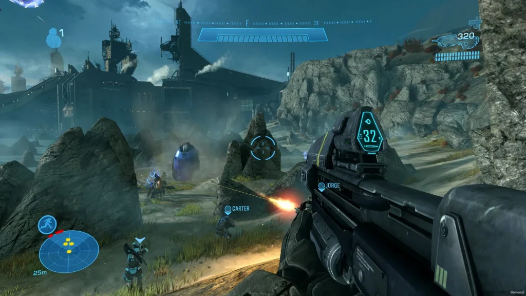 First-person assault rifle combat in a rocky landscape in Halo: Reach