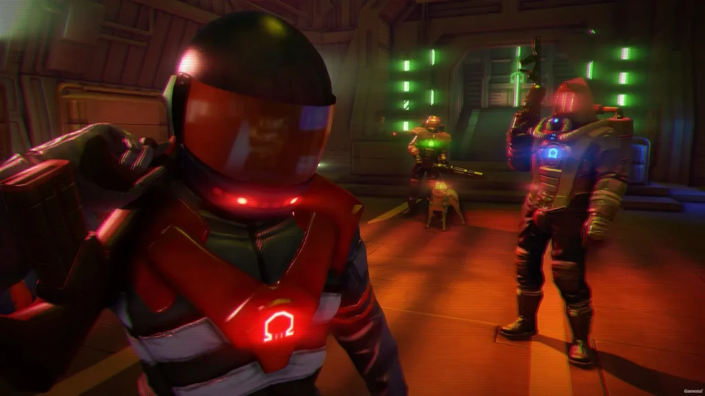 Cyber soldiers in a neon-lit interior in Far Cry 3: Blood Dragon