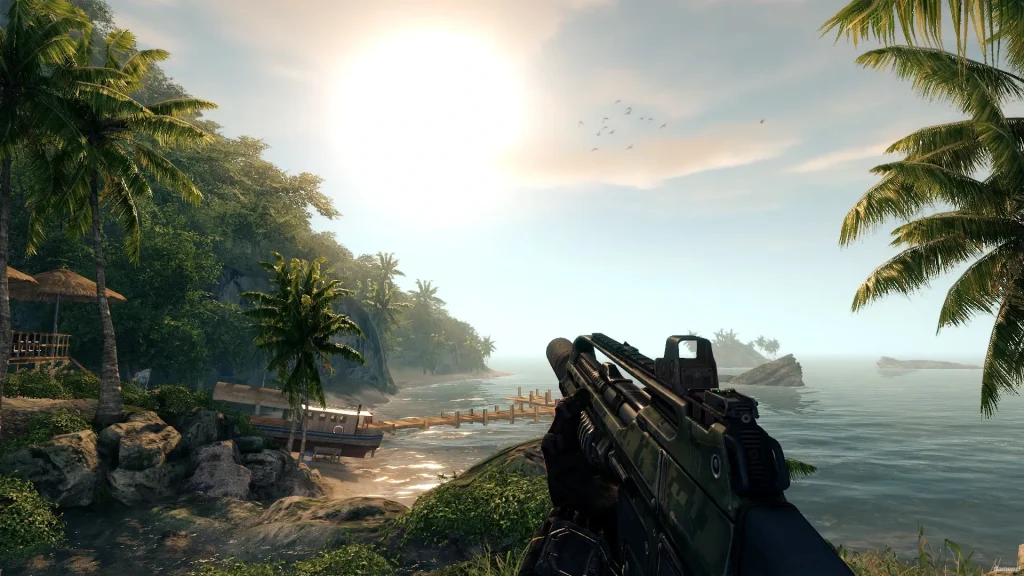 First-person weapon view overlooking a tropical coastline in Crysis Warhead