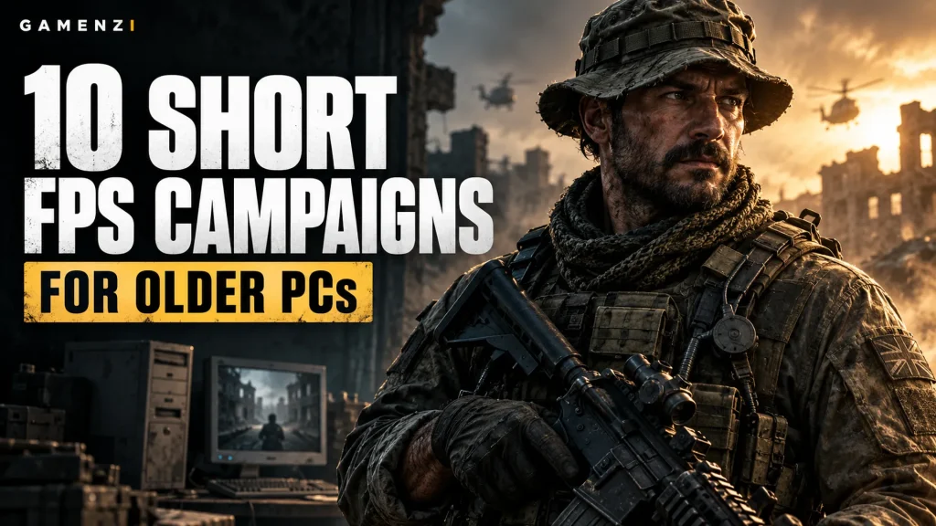 10 Short FPS Campaigns for Older PCs — Gamenzi cover featuring a soldier and an older desktop computer