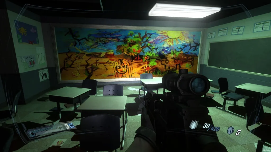 Aiming a scoped rifle inside a classroom in F.E.A.R. 2: Project Origin